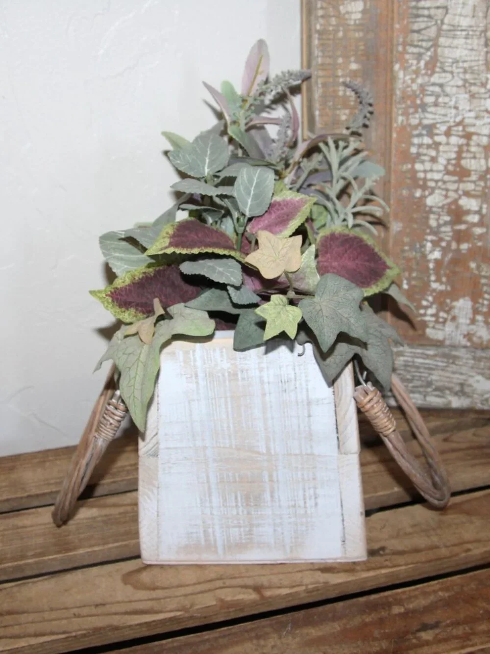 White Shabby Distressed Wood Basket Box with French Arrangement